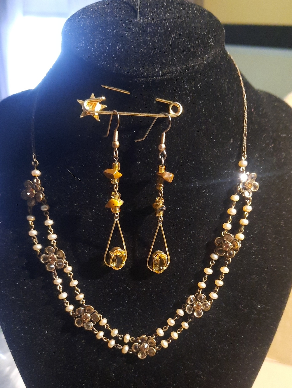 Liz Piacios 17 Inch Necklace And Yellow Stone Earrings.